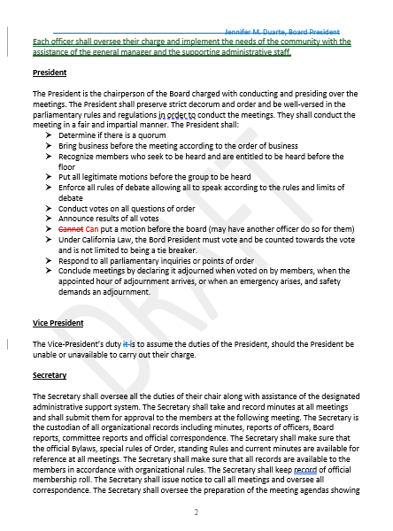 Document outlining roles and duties of President, Vice President, and Secretary in a formal setting or organization.