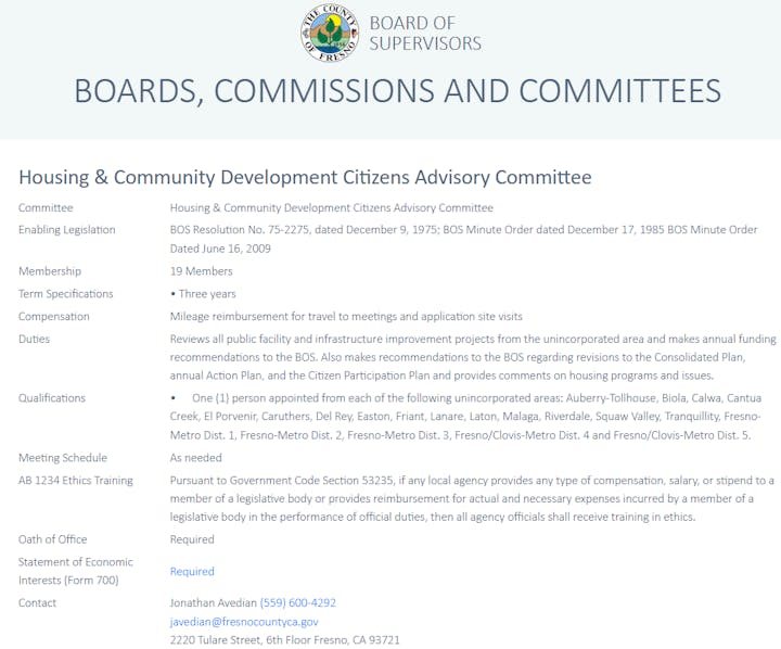 The image outlines the Housing & Community Development Citizens Advisory Committee, detailing its structure, duties, and contact information.