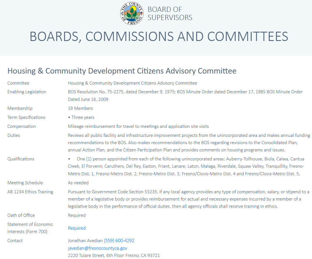 The image outlines the Housing & Community Development Citizens Advisory Committee, detailing its structure, duties, and contact information.