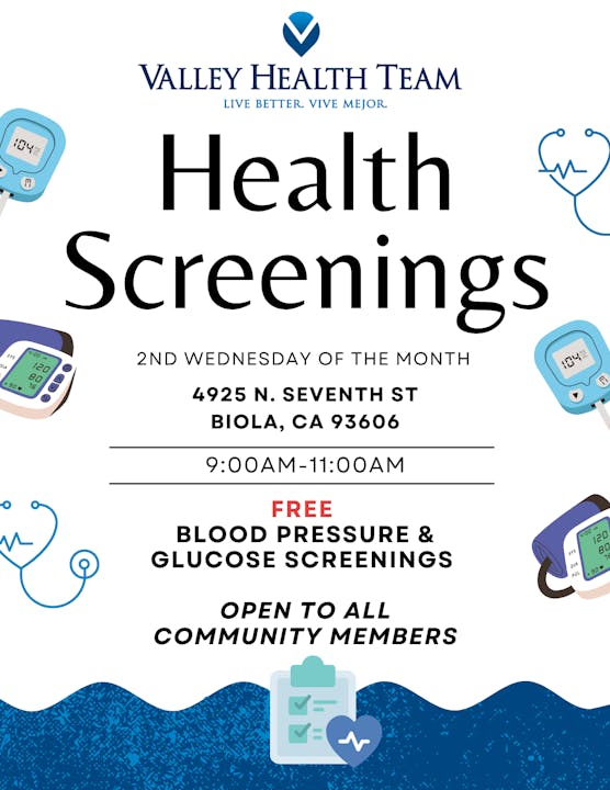 A poster for free health screenings including blood pressure and glucose checks, with date, time, and location details.