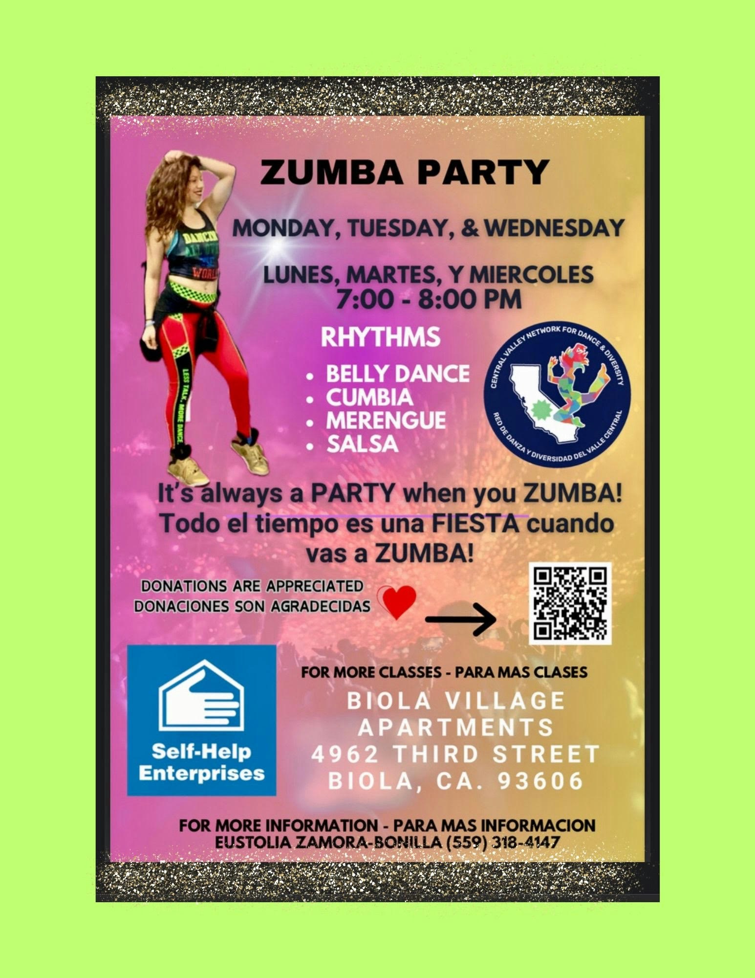 Zumba party poster with schedule, rhythms, and location at Biola Village Apartments. Donations appreciated. Contact info included.