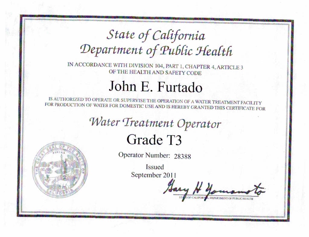 Certificate from California's Department of Public Health authorizing John E. Furtado as a Grade T3 Water Treatment Operator.
