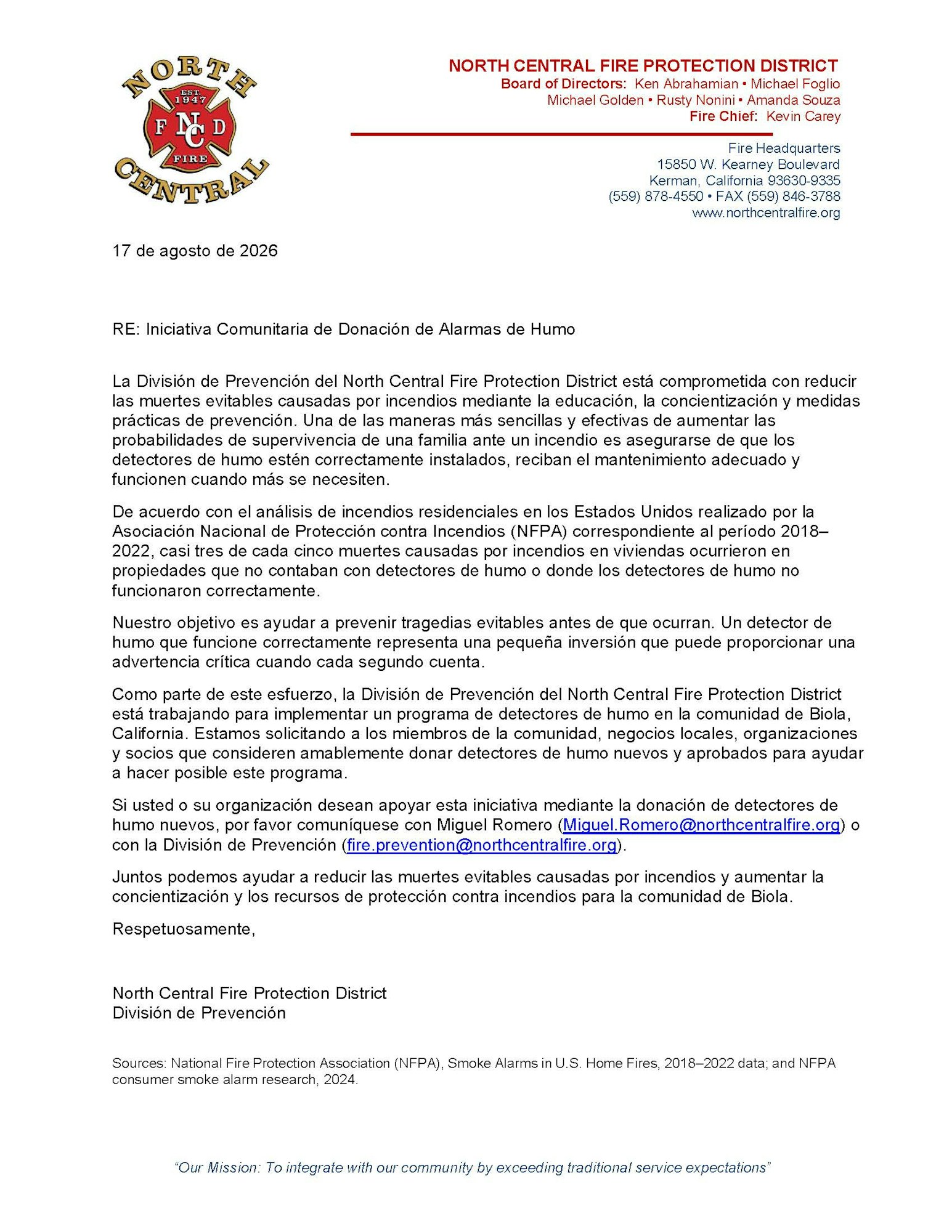 A letter from North Central Fire Protection District promoting a smoke alarm donation initiative to improve fire safety in Biola, California.