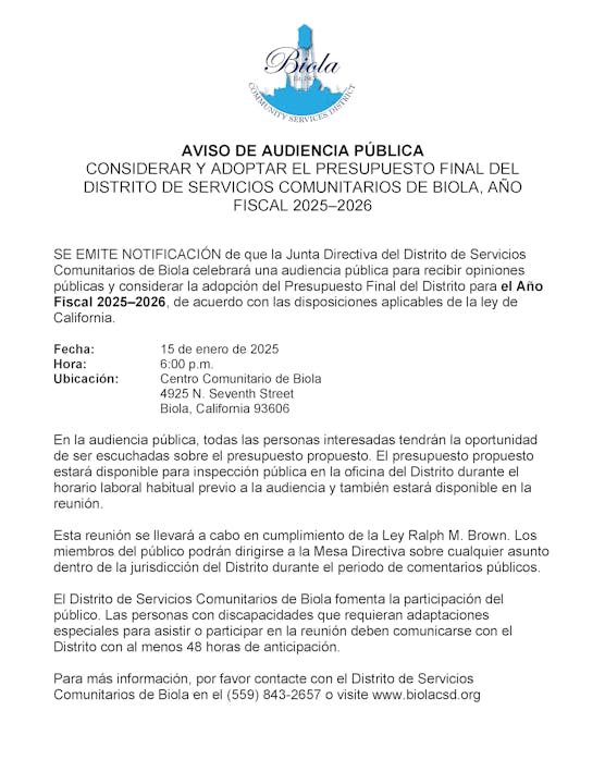 Public hearing notice for Biola Community Services District to adopt the 2025–2026 budget, January 15, 2025, at 6 p.m.