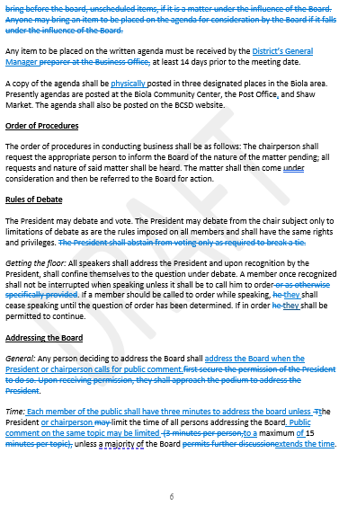 Text on procedures for board meetings, including agenda placement, order of procedures, rules of debate, and addressing the board.
