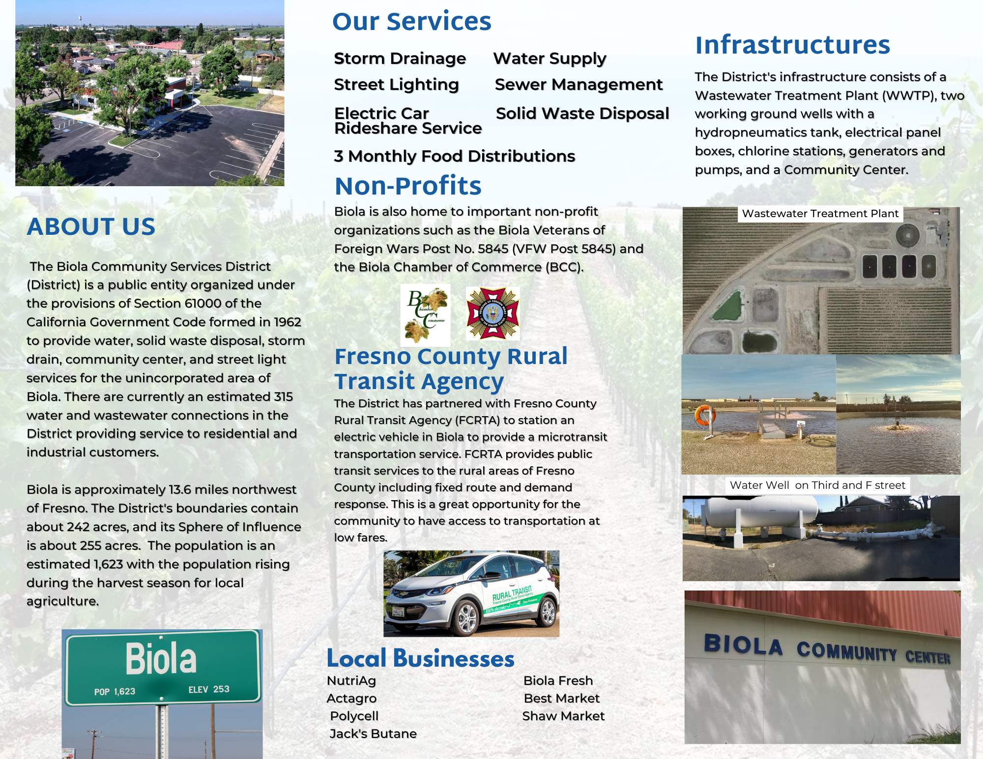 An informational brochure detailing services, infrastructure, and aspects of the Biola Community Services District.