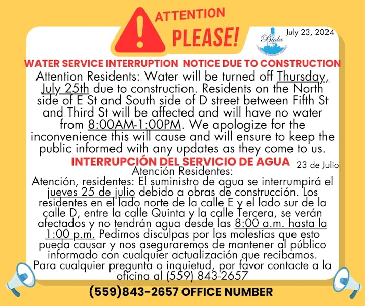 A water service interruption notice for July 25 due to construction, bilingual in English and Spanish, with contact details.