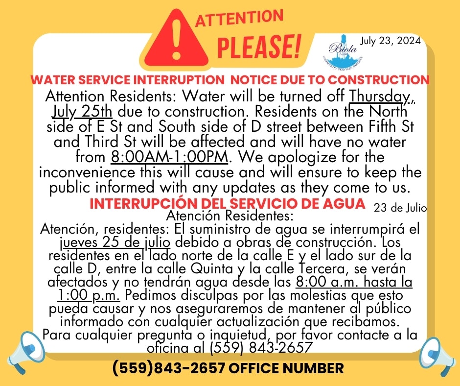 A water service interruption notice for July 25 due to construction, bilingual in English and Spanish, with contact details.