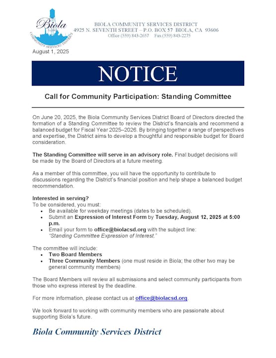 Notice from Biola Community Services District calling for community participation in a budget advisory committee. Apply by Aug 12, 2025.