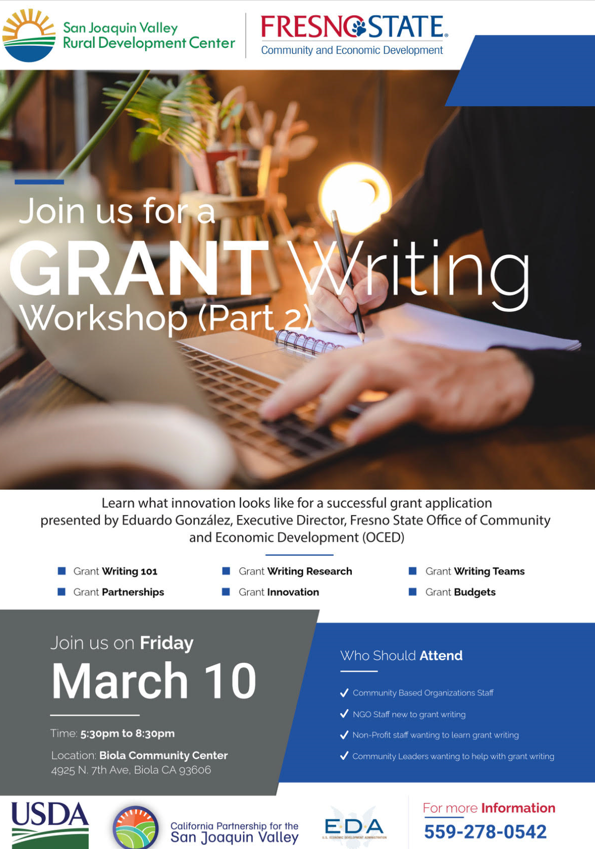 Join a Grant Writing Workshop on March 10 at Biola Community Center, focusing on successful grant applications and partnerships.