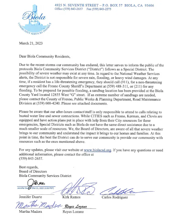 A letter from the Biola Community Services District addressing severe weather preparedness and community resources.