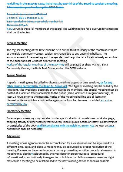 Document with meeting rules: two-thirds majority, regular meetings on third Thursday, special meetings for urgent issues, and emergency protocol outlined.