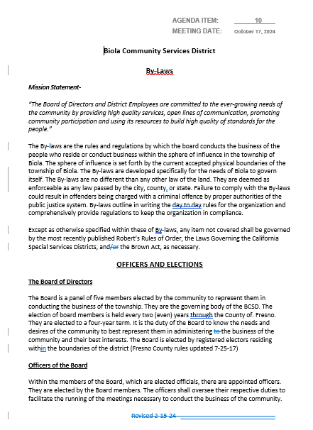 Document showing "Biola Community Services District By-Laws," mission statement, and details about board of directors and elections.