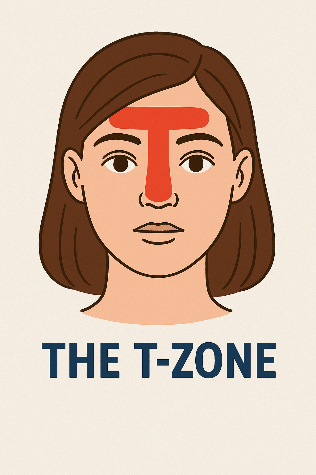 An illustration of a woman’s face highlighting the "T-zone" area, labeled clearly as "THE T-ZONE."