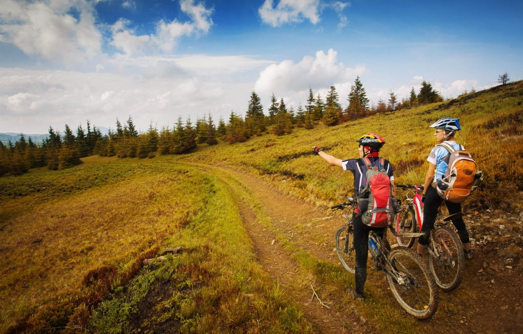 Two mountain bikers on a trail, one pointing, surrounded by scenic nature.
