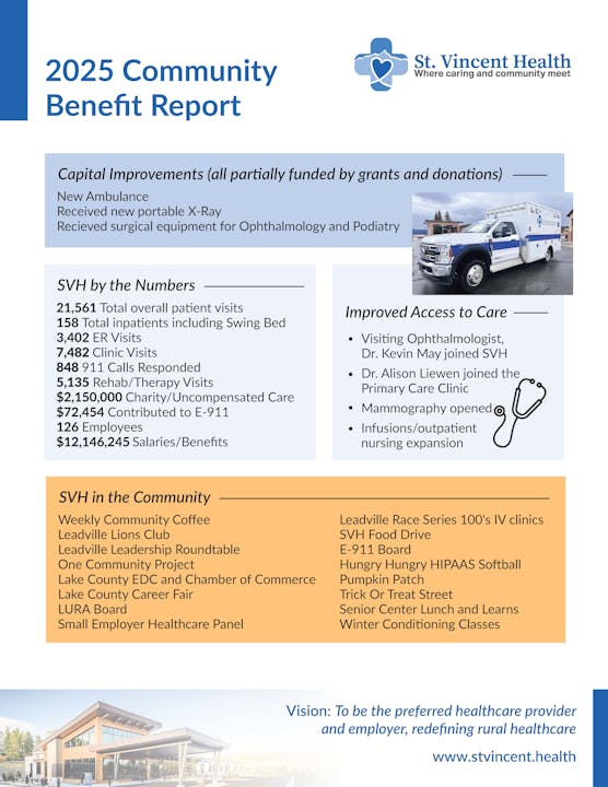 The 2025 Community Benefit Report highlights patient visits, improvements like a new ambulance, and community engagement initiatives.
