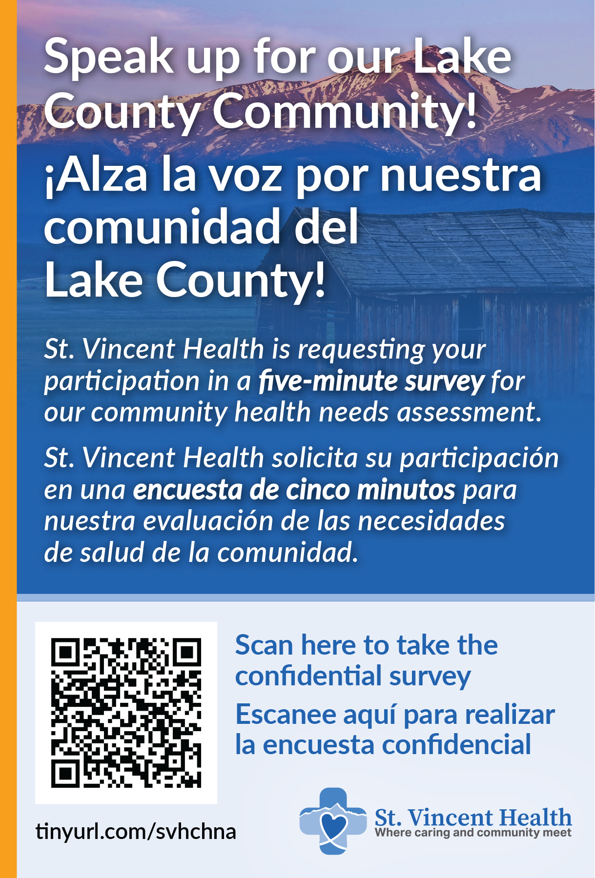 St. Vincent Health invites Lake County residents to participate in a 5-minute confidential health survey. Scan the QR code!