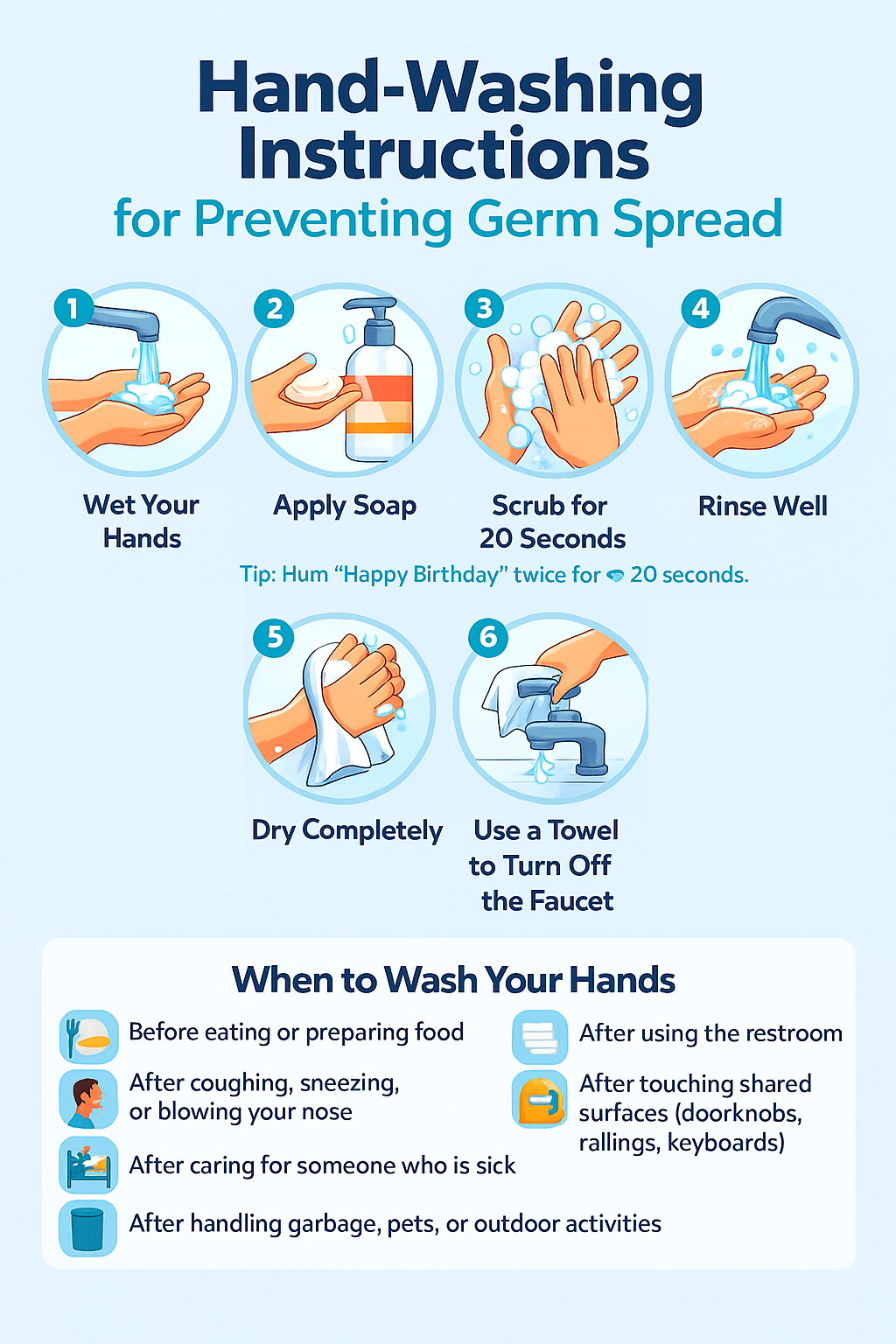 Contains instructions for handwashing to prevent germ spread.