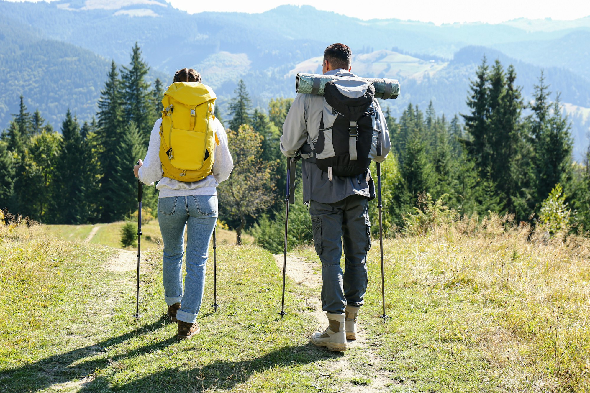 Two people hiking with trekking poles and backpacks on sunny day in mountainous area.