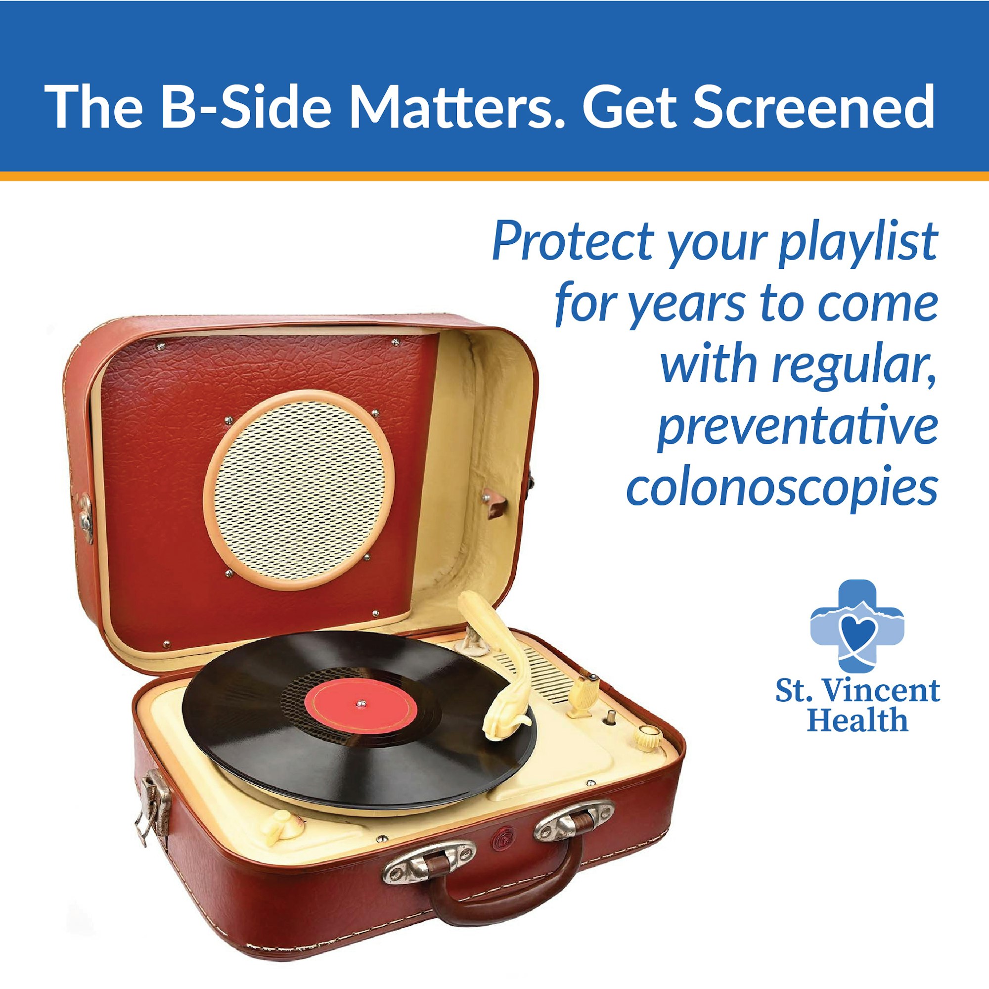 The image promotes regular colonoscopies with a vintage record player analogy, highlighting the importance of preventative health care.