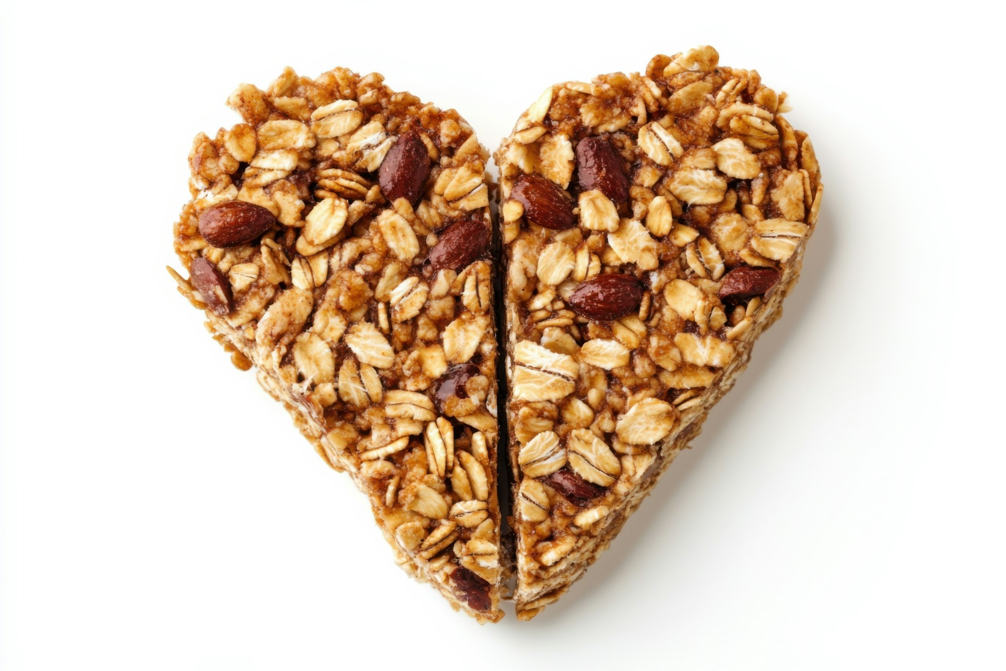 A heart-shaped granola bar split in half, with oats and nuts.