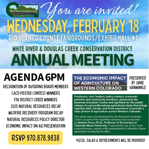 Invitation to the White River & Douglas Creek Conservation District's annual meeting on February 18, featuring discussions on agriculture and resources.