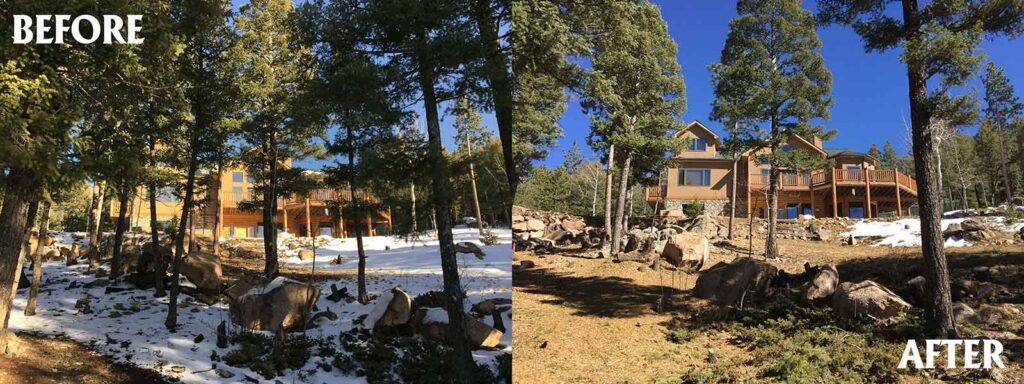 A "Before and After" photo showing a snowy woodland landscape leading to a house, with reduced snow and clearer ground in the "After" image.