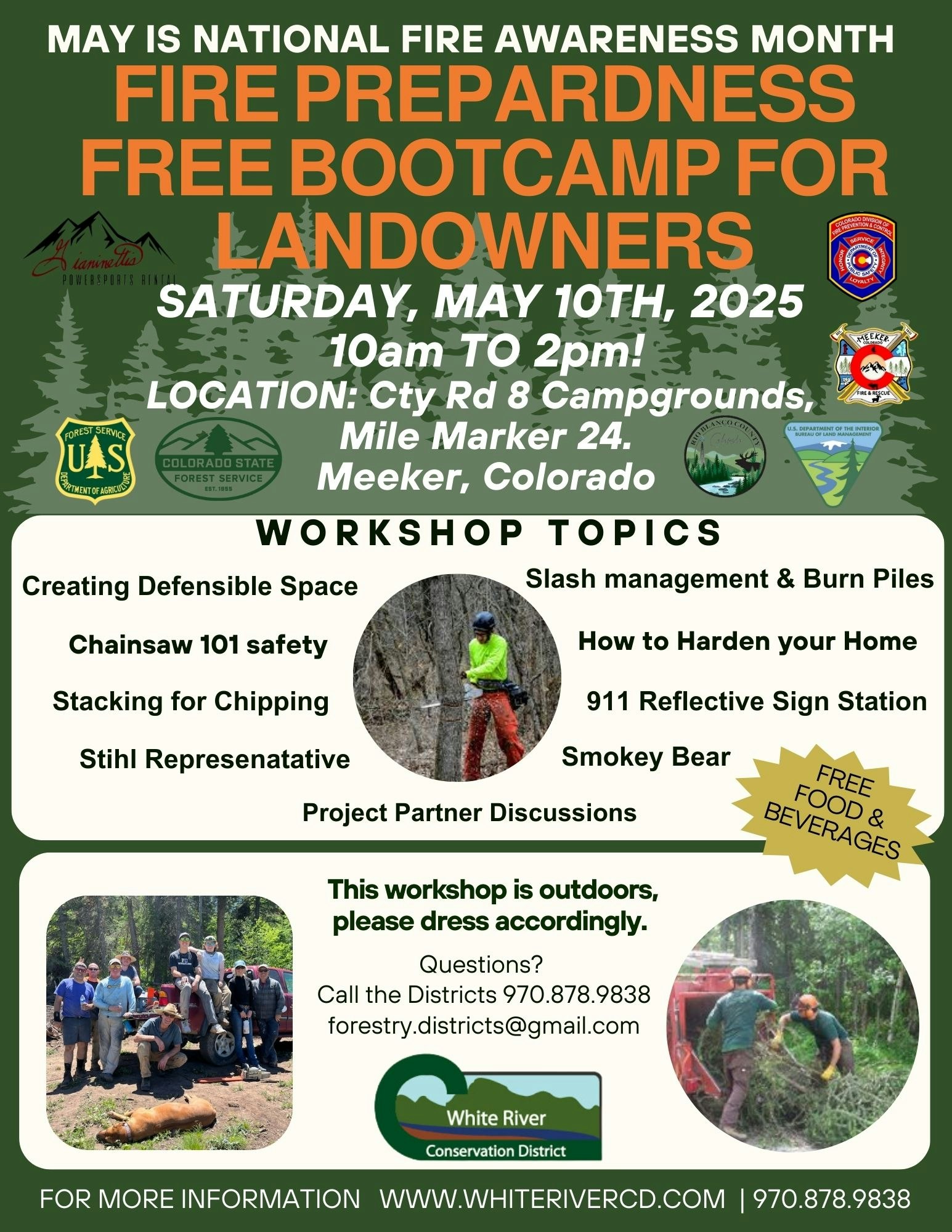 Fire Preparedness Bootcamp for Landowners on May 10, 2025, in Meeker, Colorado. Workshop topics and free food and beverages.