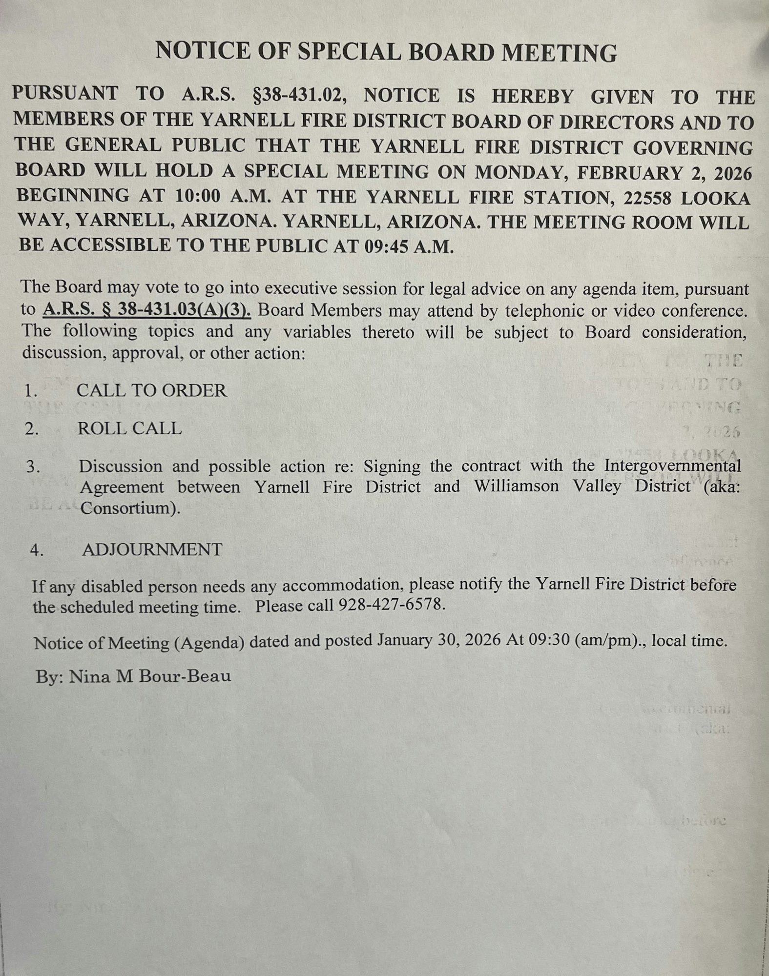 Notice of special board meeting for Yarnell Fire District on Feb 2, 2026. Agenda includes roll call and contract discussion.