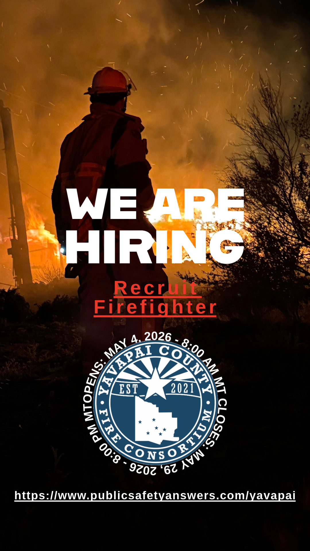 The image promotes a firefighter recruitment event in Yavapai County, with details about the date and website for more information.