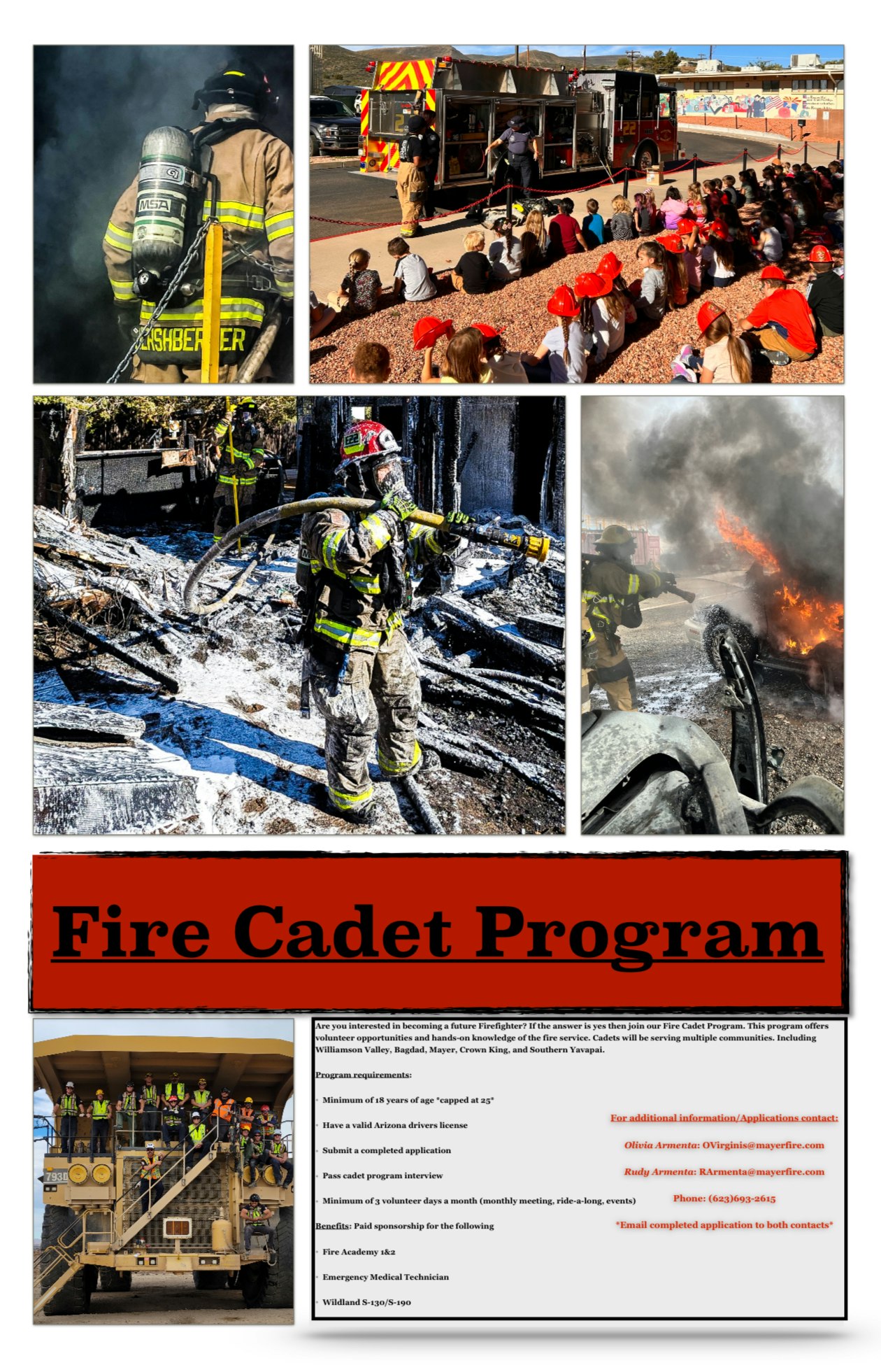 Collage of firefighters in action with program details for a Fire Cadet Program, including requirements and benefits.