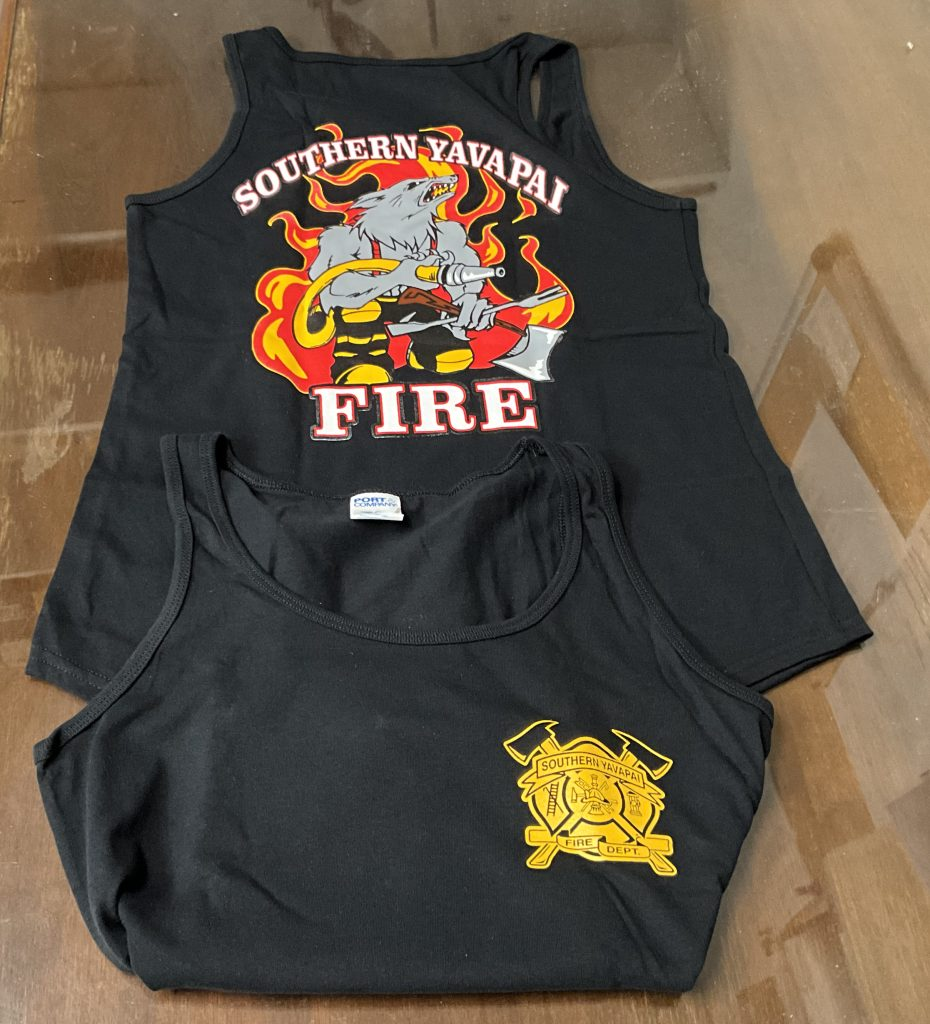 Two black tank tops with "Southern Yavapai Fire" designs, featuring fire graphics and firefighter symbols.