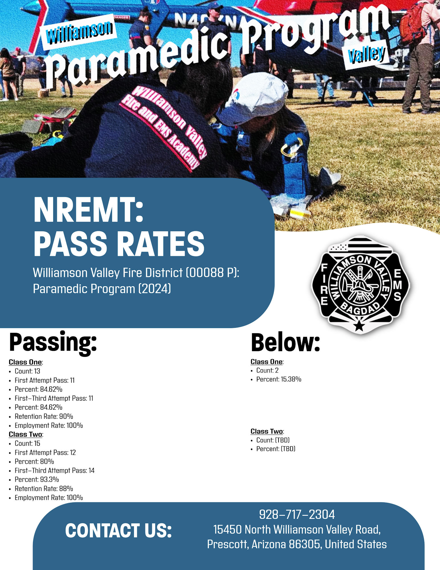 Image about Williamson Valley Fire District's paramedic program with NREMT pass rates and contact details.