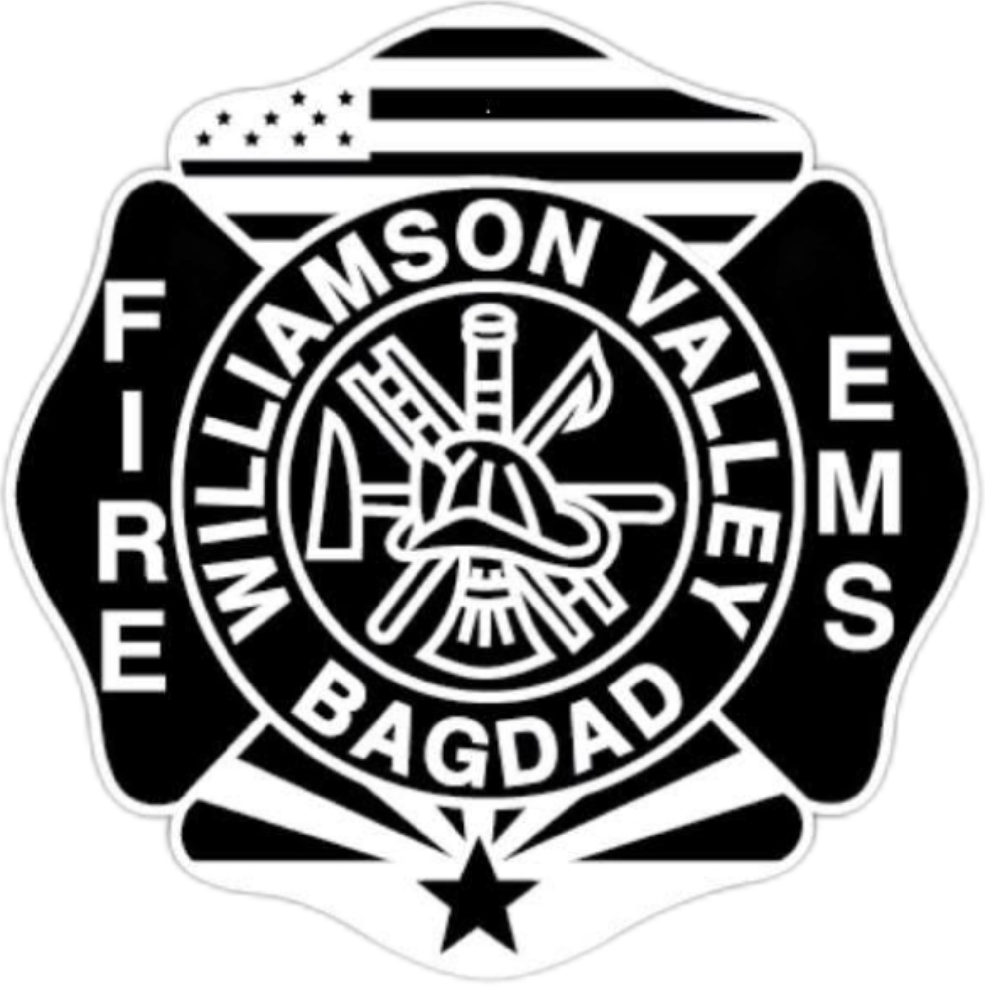 Williamson Valley Bagdad Fire & EMS emblem with firefighter symbols and a U.S. flag design.