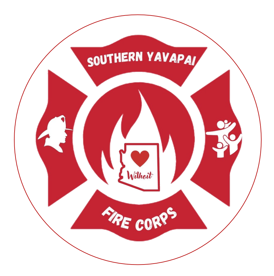 Fire Corps logo for Southern Yavapai, featuring a flame, Arizona outline with "Wilhoit," and silhouettes of a firefighter and people.