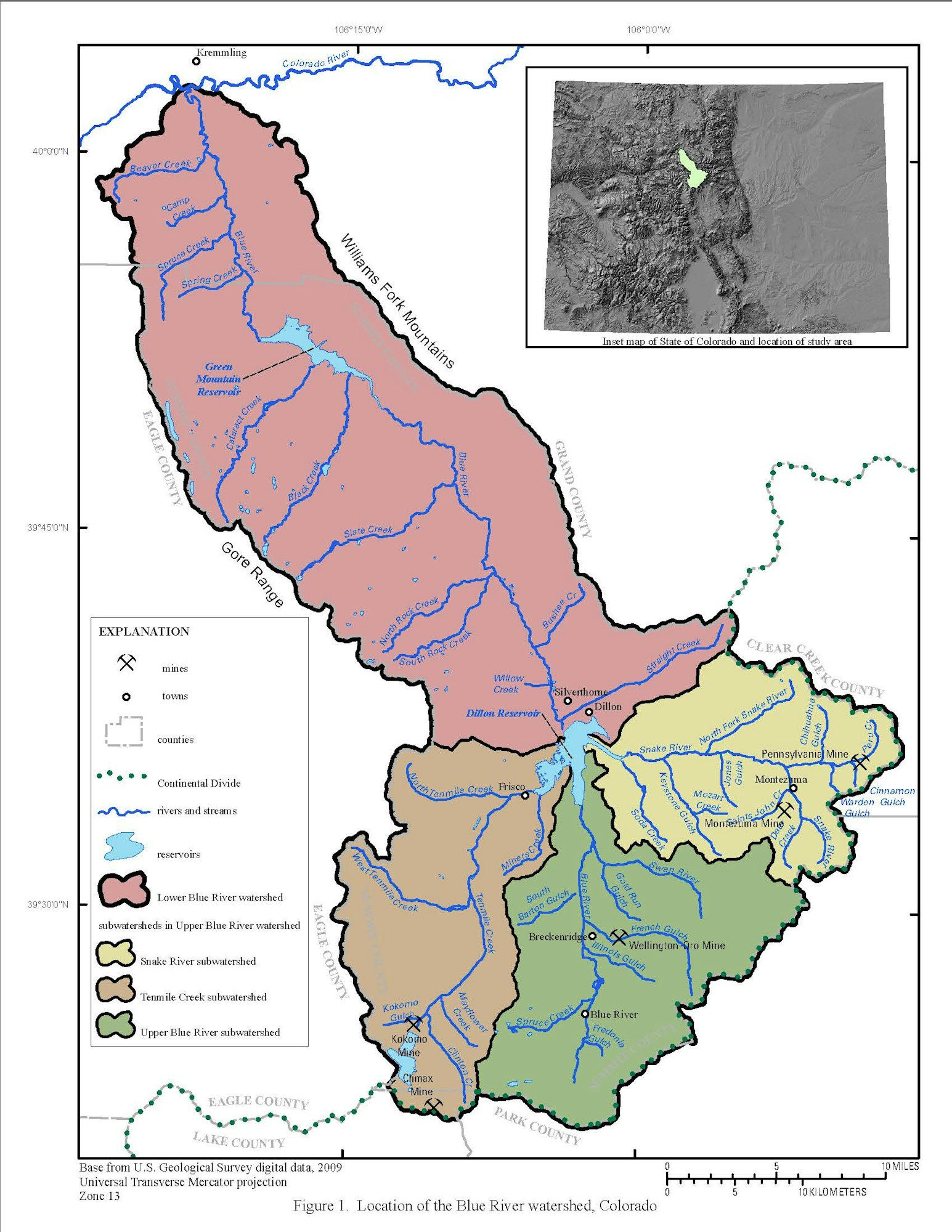 Map of Blue River watershed in Colorado showing subwatersheds, counties, towns, rivers, and reservoirs.