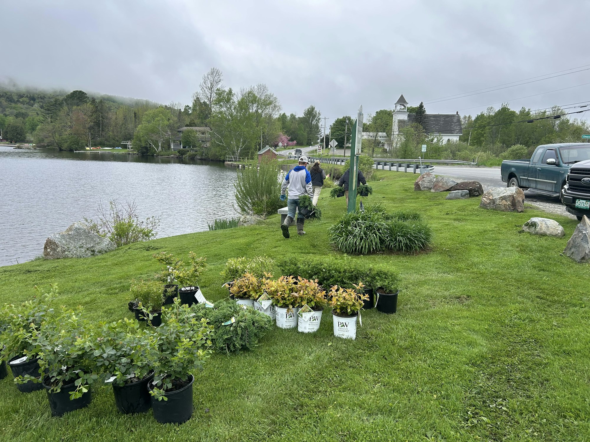 People are planting shrubs by a lakeside, with a parked truck nearby and a cloudy sky above.