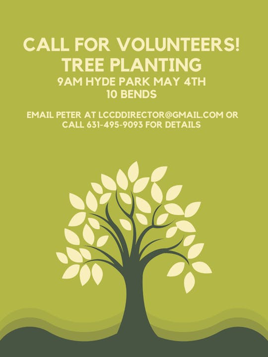 A poster calling for volunteers for tree planting at Hyde Park on May 4th at 9am with contact details.