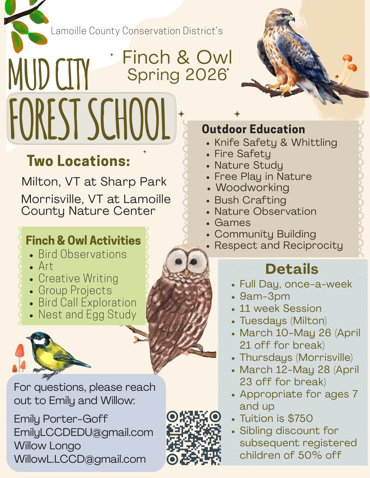 The image promotes the Mud City Forest School's Finch & Owl program for Spring 2026, with details on activities, locations, and tuition.