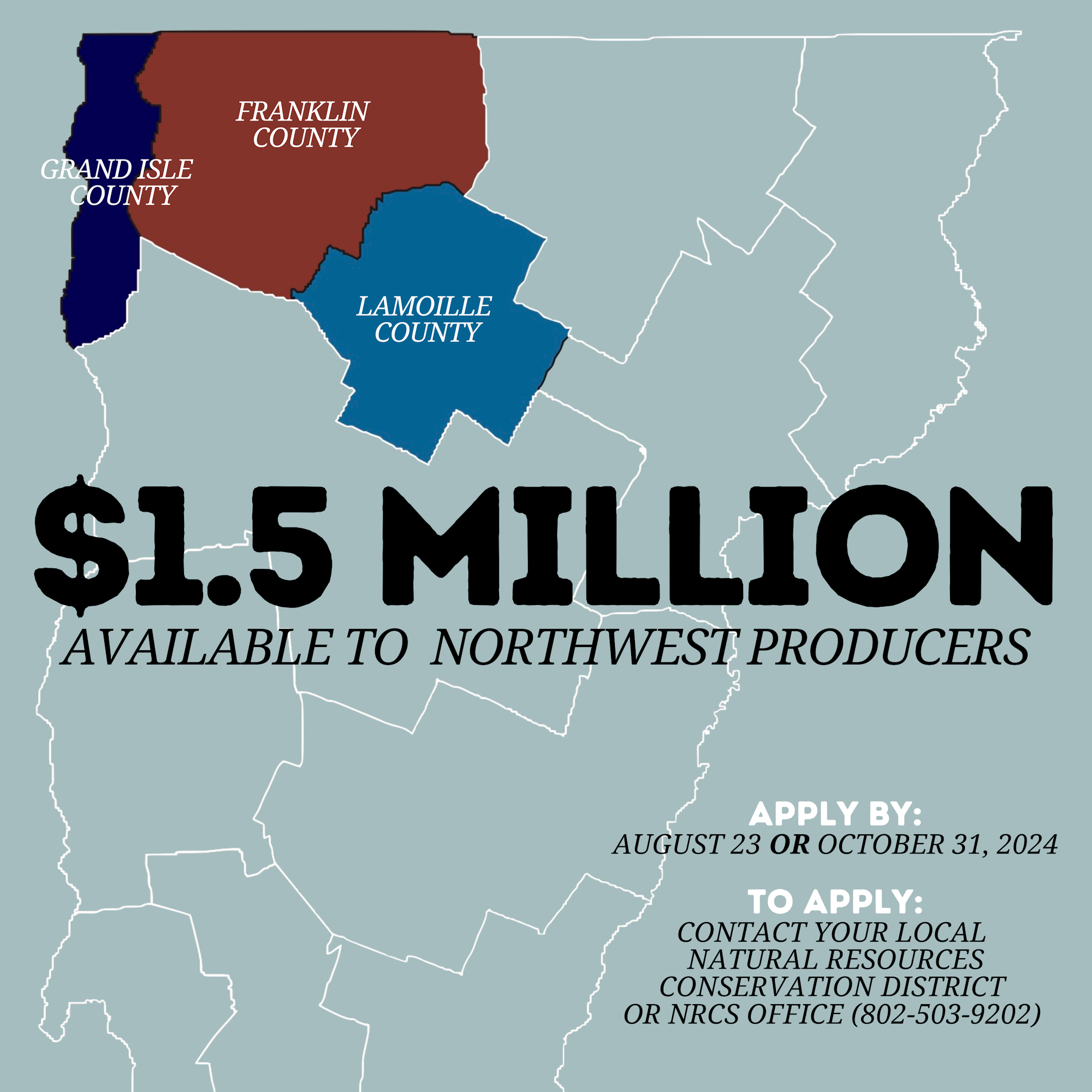 A graphic with text announcing $1.5 million available to northwest producers, with a map and application details.