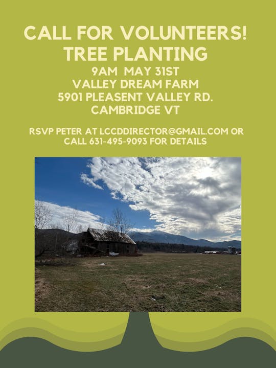 A poster calling for volunteers for tree planting on May 31 at Valley Dream Farm with contact info, and a rural landscape photo below.