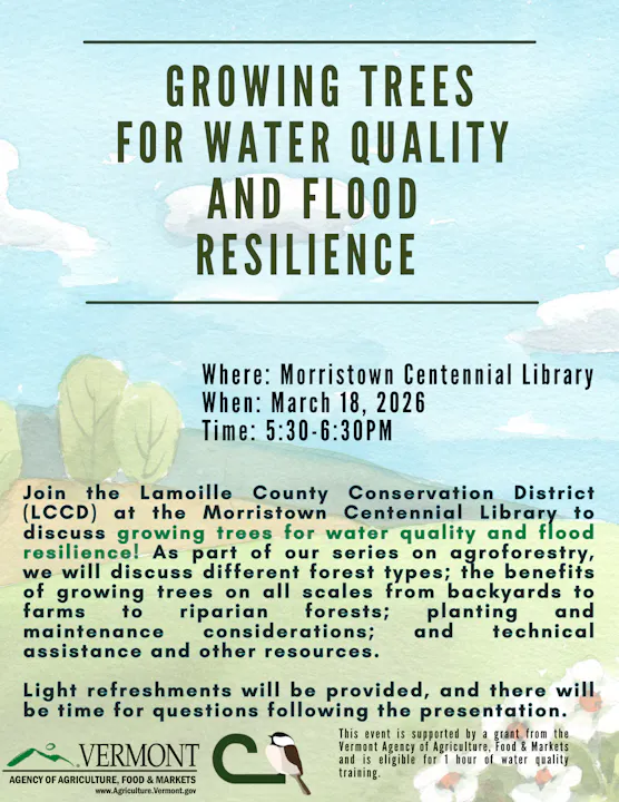 Event on March 18, 2026, at Morristown Library about growing trees for water quality and flood resilience. Refreshments provided.