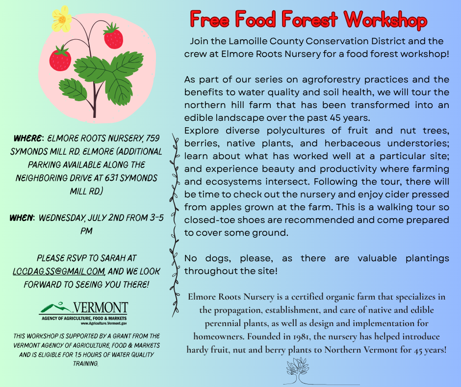 Free Food Forest Workshop at Elmore Roots Nursery, July 2nd, 3-5 PM. Explore agroforestry, RSVP required, no dogs allowed.