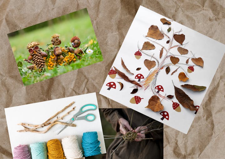 Nature crafts: acorn animals, leaf art, yarn, and sticks.