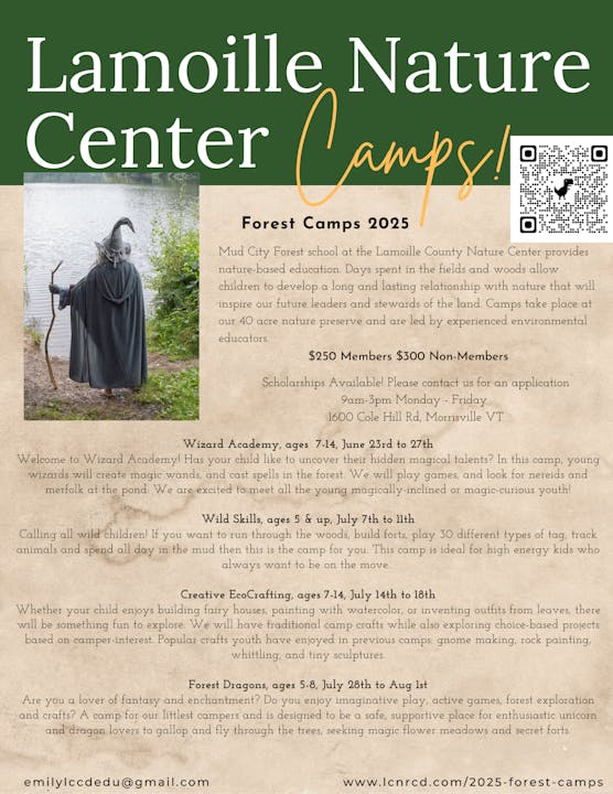 Summer nature camps at Lamoille Nature Center for ages 5-14. Includes Wizard Academy, Wild Skills, Creative EcoCrafting, and Forest Dragons.