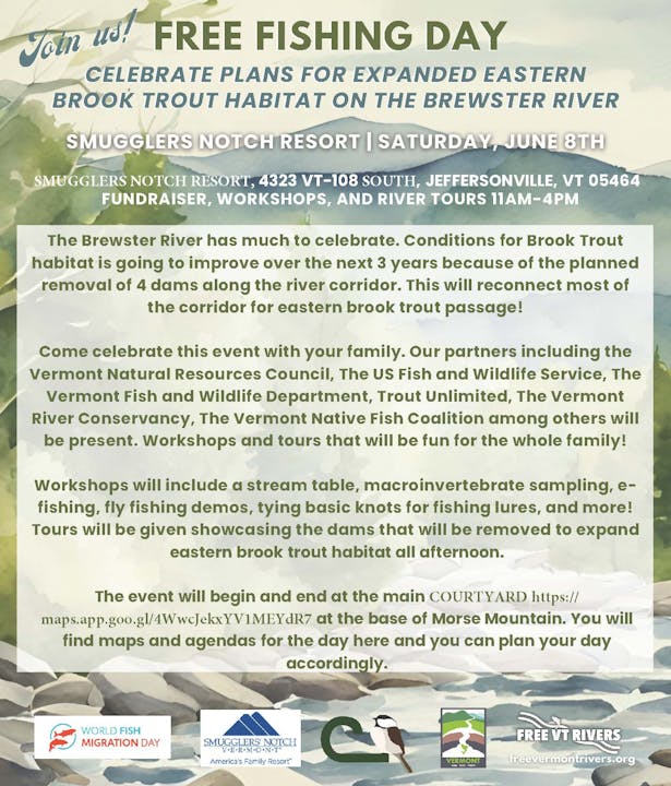 Flyer for a Free Fishing Day event with workshops, tours, and celebration at Smugglers Notch Resort to expand Brook Trout habitat.