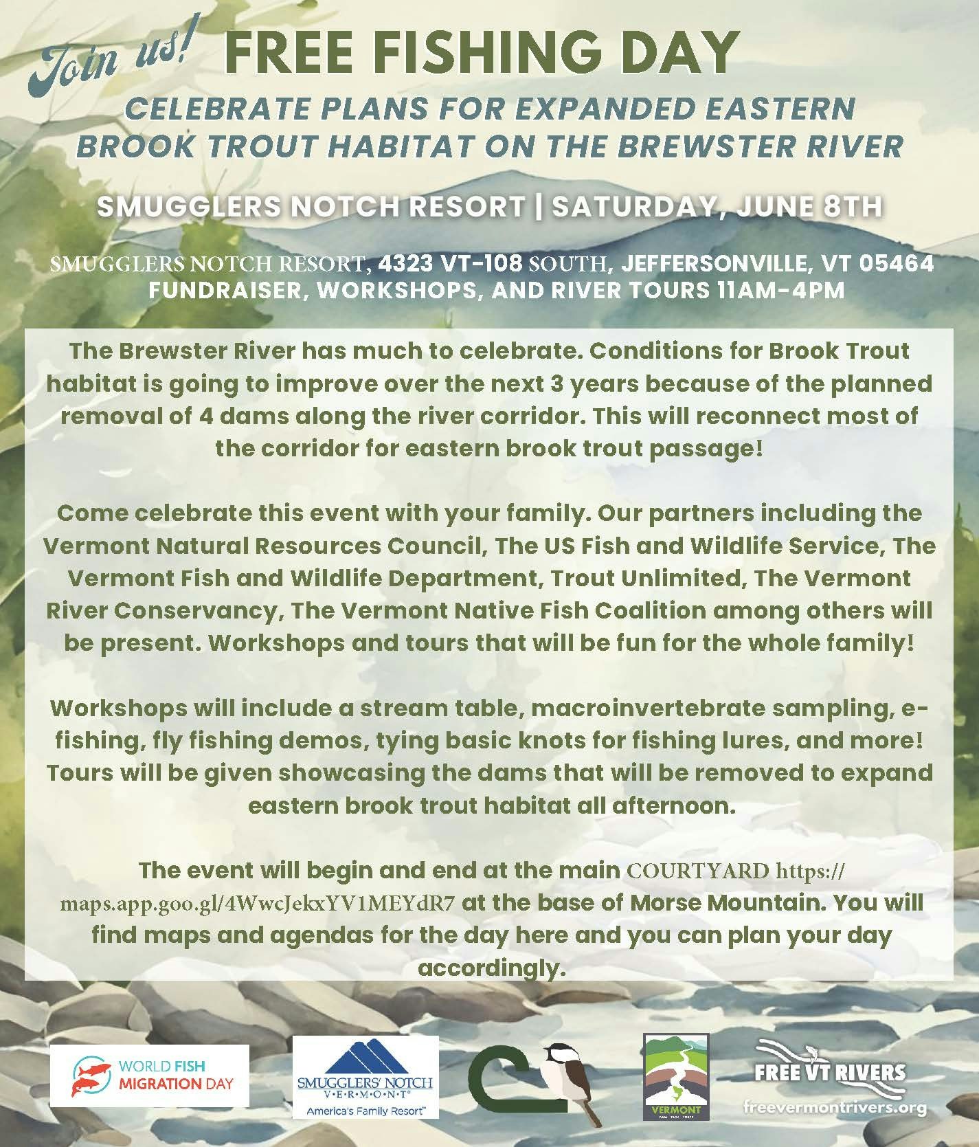Flyer for a Free Fishing Day event with workshops, tours, and celebration at Smugglers Notch Resort to expand Brook Trout habitat.