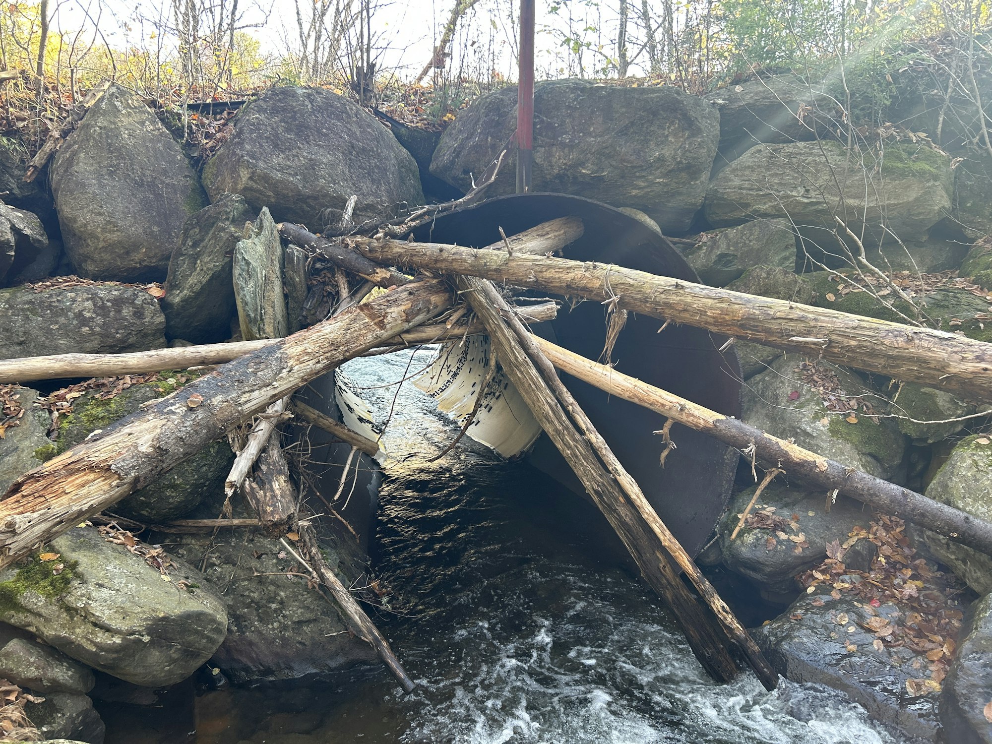 A culvert blocked by fallen logs and branches, surrounded by large rocks and flowing water beneath.