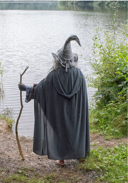 A person in a wizard hat and cloak holds a staff, standing by a lake surrounded by greenery.