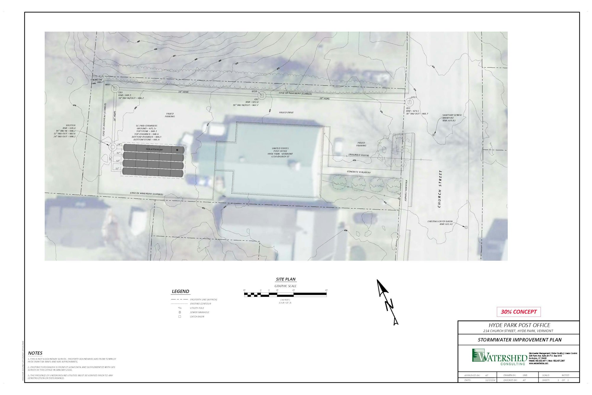 Site plan for Hyde Park Post Office showing stormwater improvements, with annotations and legend.